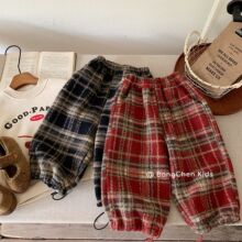 邦诚儿童裤子2025冬季新款男女童加绒格子休闲裤百搭宝宝加厚长裤