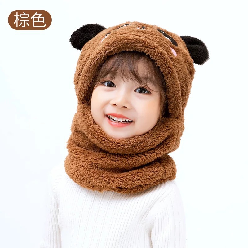 Children's plush hats, boys and girls, winter all-in-one baby bib hats, ear protectors, panda pullover hats