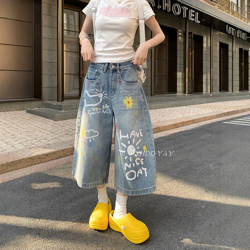 American Retro Fun Cat and Dog Hand-Painted Graffiti Jeans for Women, New Autumn High-Waisted Loose Straight Wide-Leg Pants American Retro Fun Cat and Dog Hand-Painted Graffiti Jeans for Women, New Autumn High-Waisted Loose Straight Wide-Leg Pants