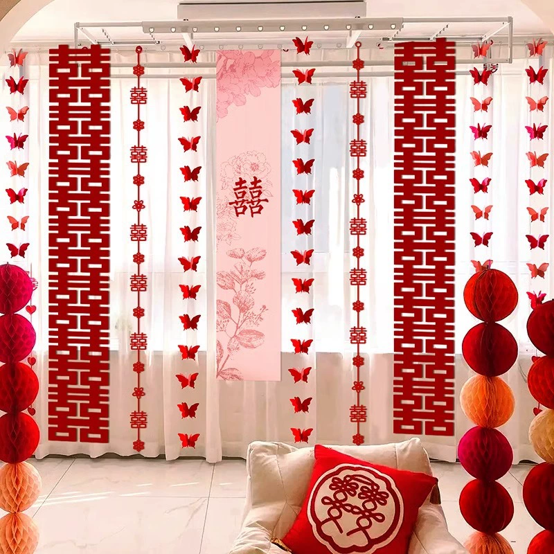 Свадебная длинная полоса, счастливые слова, потянув цветы, свадебный набор, новый дом, гостиная спальня, занавески, трехмерная бабочка, подвеска