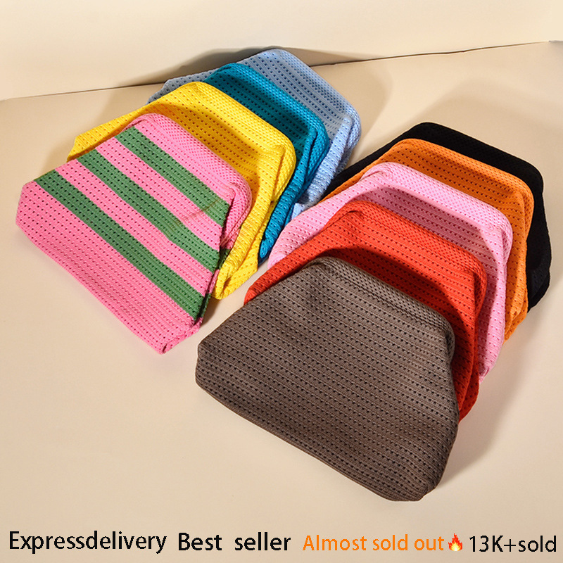 Amazon Specializes in Striped Knitted Clutch Bags, Versatile for Everyday Use, Woven Clip Storage Makeup Bag with Large Capacity