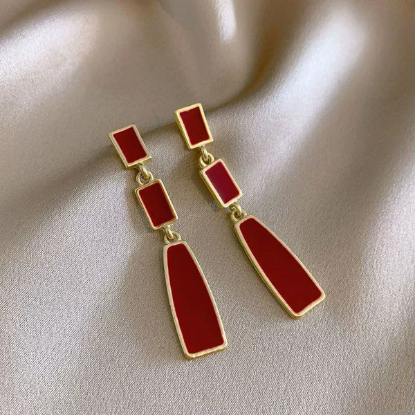 French Retro Style Wine Red Pierced Earrings for Women Autumn and Winter New Geometric Asymmetrical Drop Glaze Pearl Earrings Earrings