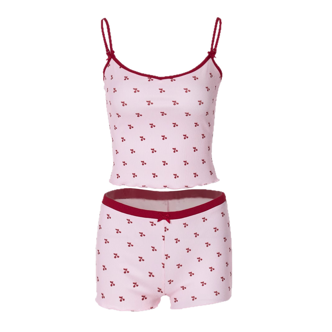 2026 Summer New Cherry Print Camisole T-Shirt Shorts Pajama Set For Women And Men Foreign Trade Cross-Border_ecoleips.com