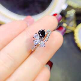 新款天然黑尖晶戒指S925银镶嵌主石4*6mm百搭网红爆款女饰批发