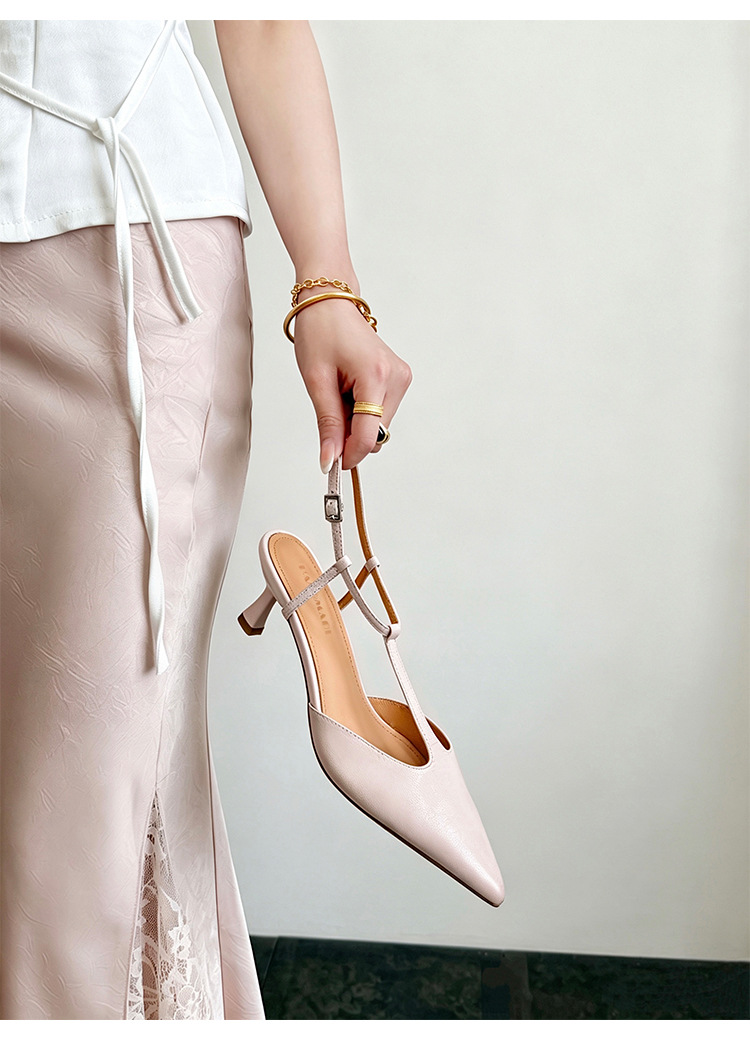 Sandal cao gót nữ mũi nhọn quai chữ T hở gót, da cừu, gót 5 cm — màu nâu chi tiết 7