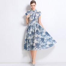 蓝色印花连衣裙女短袖夏季法式优雅高贵轻奢收腰气质长裙子