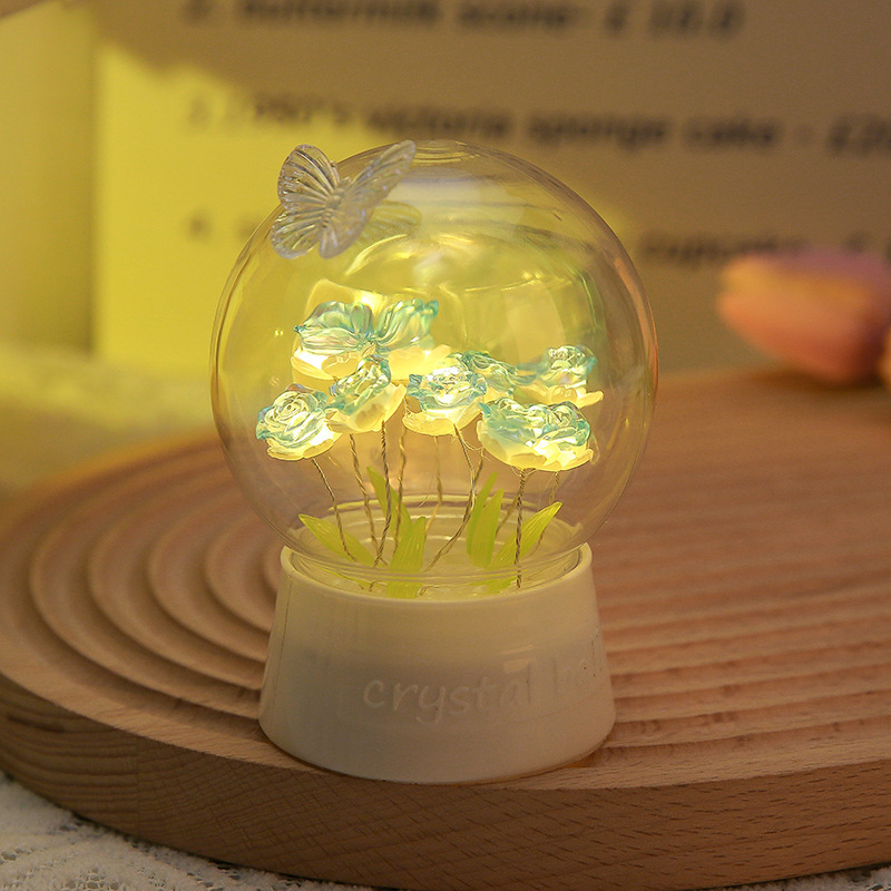 Bola de cristal, flor de rosa, tulipán, luz nocturna, red roja, luz de ambiente de bricolaje, regalo de cumpleaños para novios, día de San Valentín