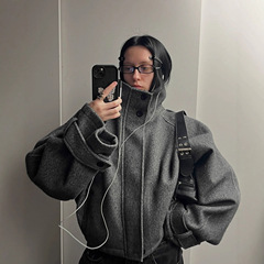 现货欧美跨境2025新款女式时尚百搭纯色立领拉链夹克毛呢外套