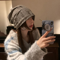 Ins破洞スタッカ帽子女性秋冬百合保温耳月子帽子韓国版潮大頭囲包頭帽子冷帽子