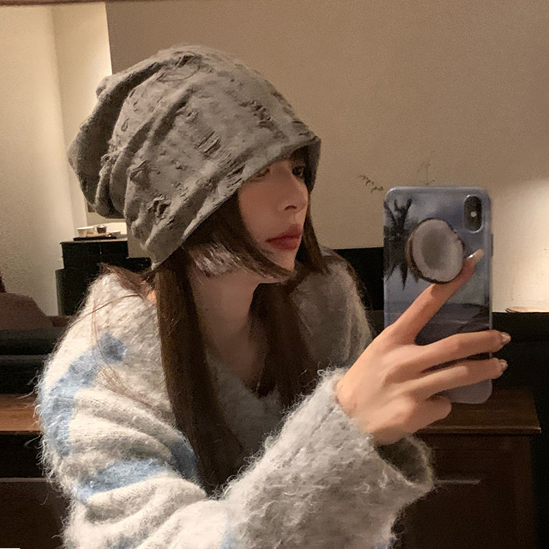 ins ripped pile hat women's autumn and winter all-match warm earmuffs confinement hat Korean style trendy big head circumference closed cap cold hat