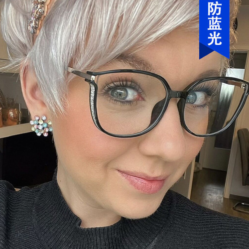 Glitter cat-eye flat mirror anti-blue light glasses frame fashionable ladies European and American cross-border can be equipped with myopia concave shape