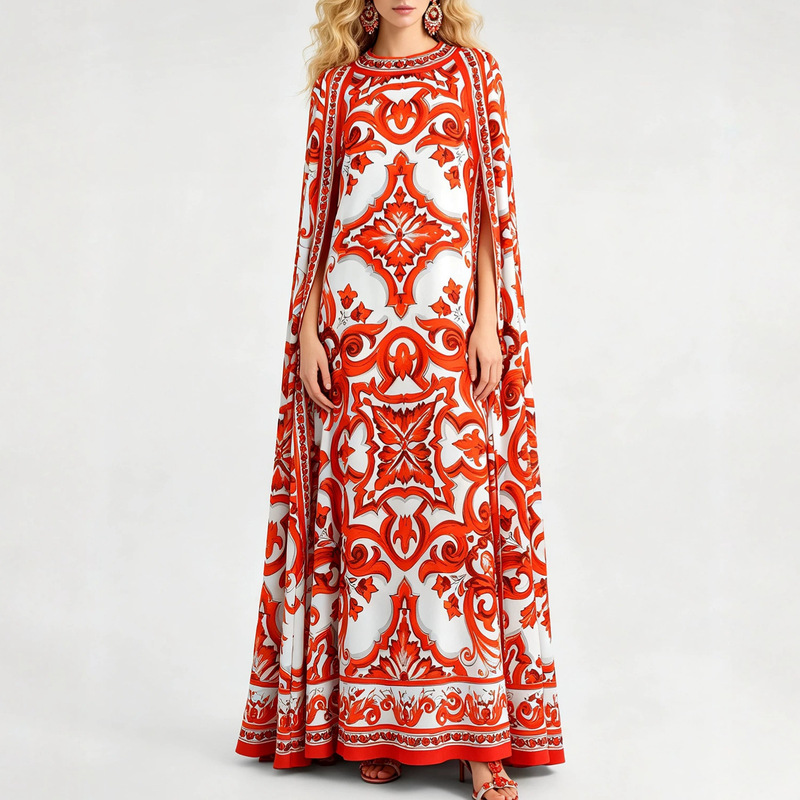 European and American design printed loose shawl dress for women, new autumn batwing sleeve A-line floor-length dress European and American design printed loose shawl dress for women, new autumn batwing sleeve A-line floor-length dress
