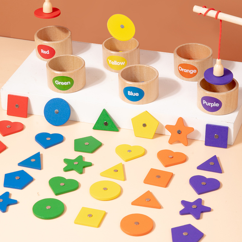 Los niños de madera nuevo juego de pesca magnética forma geométrica color cognitivo distribución padre-hijo juguetes educativos interactivos