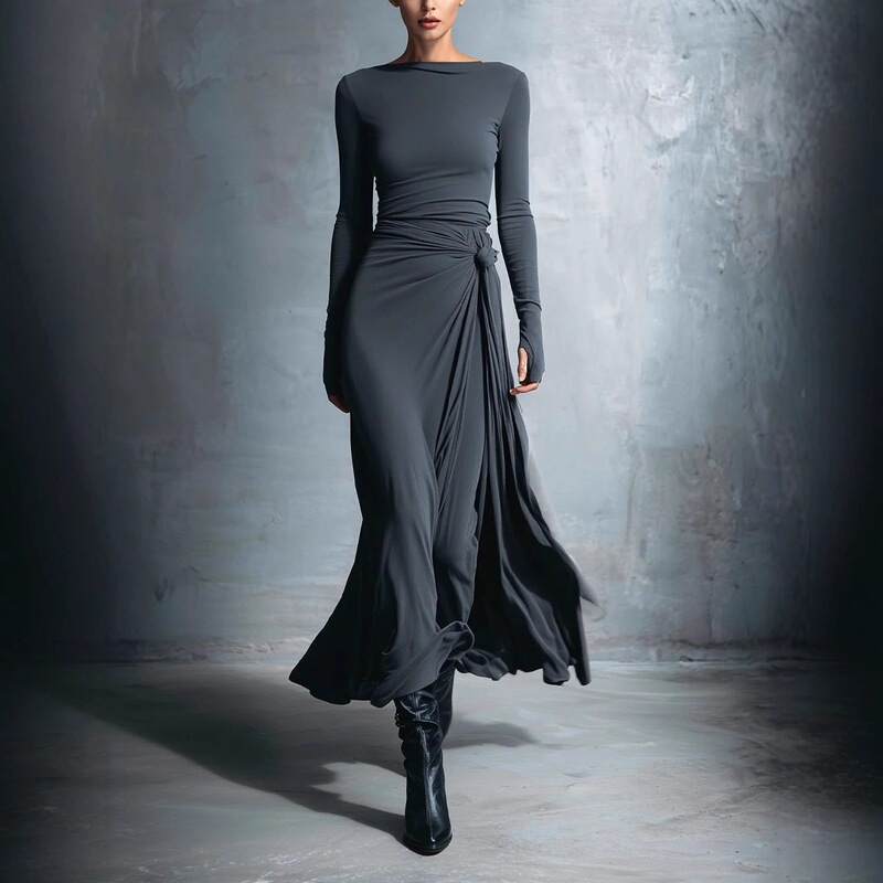 2025 Independent Station Autum European and American Cross-Border Simple One-Line Collar Waist Twist Tight A-Line Dress Long Skirt 2025 Independent Station Autum European and American Cross-Border Simple One-Line Collar Waist Twist Tight A-Line Dress Long Skirt