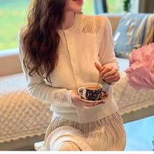 欧洲站2024秋季新款欧货女潮时尚气质蕾丝拼接圆领羊毛针织开衫