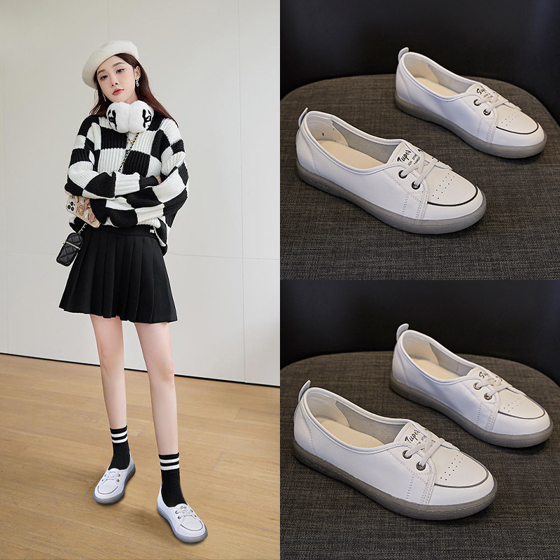 Genuine Leather White shoes women's low-cut plus size soft bottom single-layer shoes women's 41-43 new spring tendon bottom wide board shoes