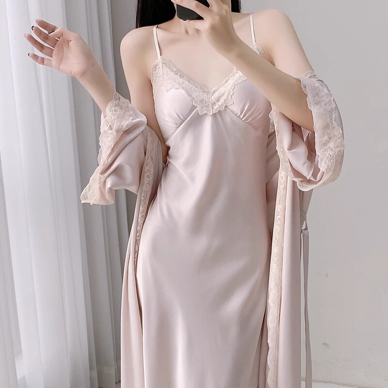 Summer New Sexy Long Suspender Dress and Nightgown Two-Piece Set, Ice Silk Loungewear Women's V-Neck Pajama Set Summer New Sexy Long Suspender Dress and Nightgown Two-Piece Set, Ice Silk Loungewear Women's V-Neck Pajama Set