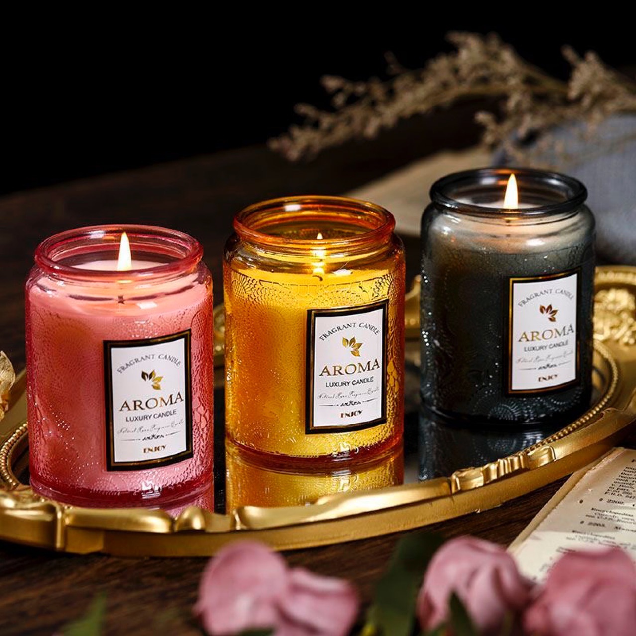 蜡烛香薰杯蜡创意浮雕玻璃杯无烟手工大豆蜡罐装香氛伴手礼蜡烛新