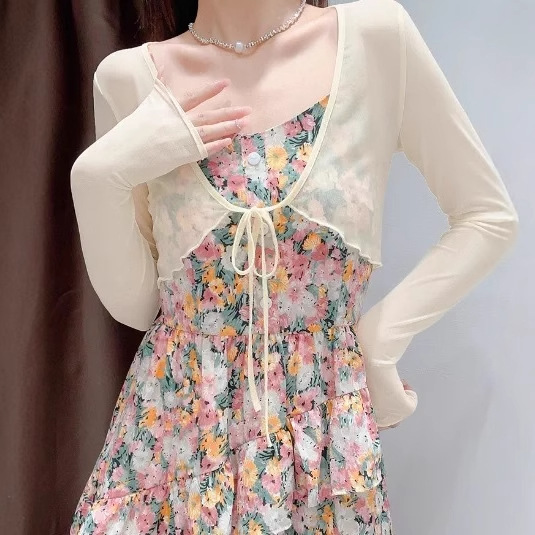 Designed Lace-Up Sun Protection Thin Cardigan for Women in Summer with Suspender Skirt and Mesh Shawl Blouse Top