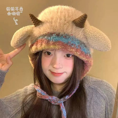 可爱小羊耳朵毛绒针织帽子女秋冬韩版保暖护耳防寒防风套头雷锋帽