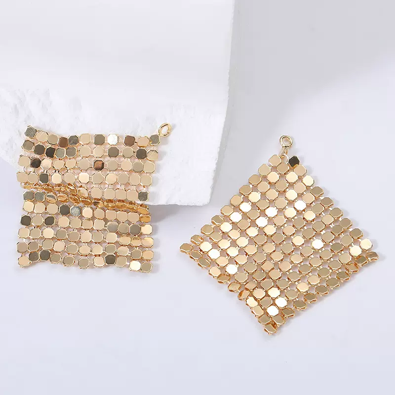 欧美菱形方片耳坠diy时尚耳饰铜镀真金亮片耳环坠子方格流苏耳坠