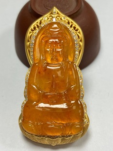 18k inlaid craft Guanyin pendant, ice red Myanmar natural A jade wholesale