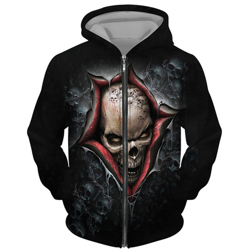 Coolest Skeleton Tattoo 3D Digital Printing Black Hooded Jacket for Men Gothic Zipper Sport Shirt