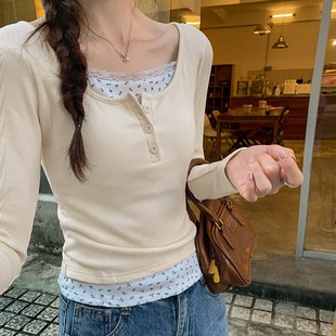 Pure Age-reducing Floral Fake Two-piece Lace Inner Base Shirt Women's Autumn New Long-sleeved T-shirt Top with Chest Pad