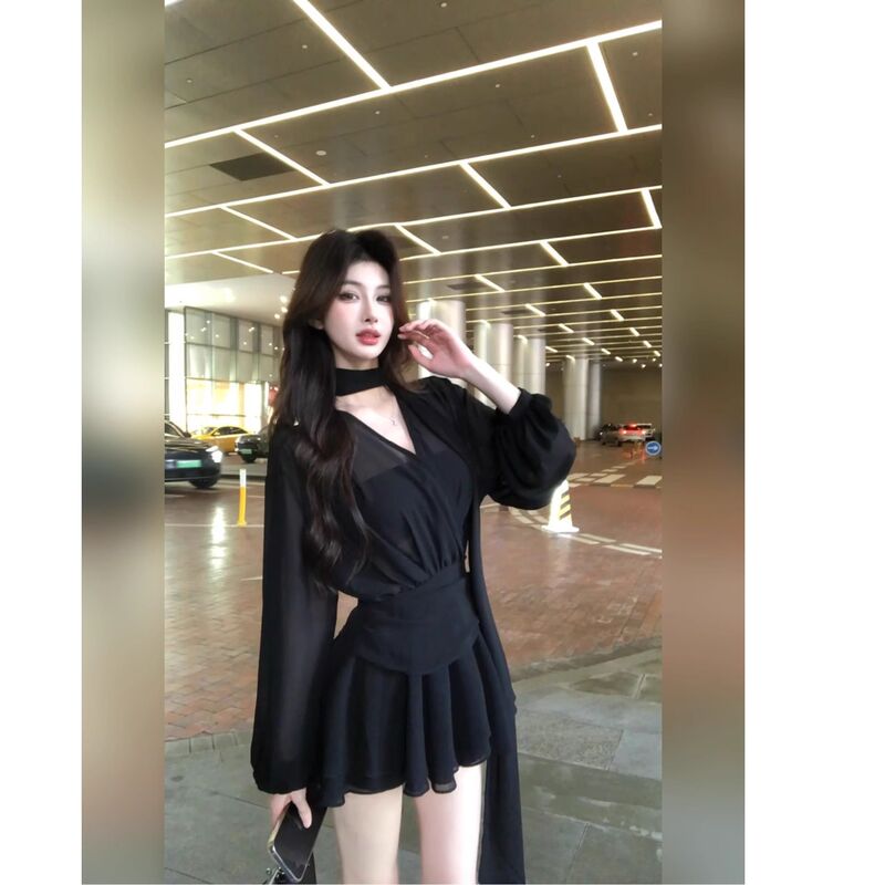 French Black Ribbon Chiffon Long-Sleeved Dress Women's Summer Elegant Waist A-Line Skirt Super Nice Skirt French Black Ribbon Chiffon Long-Sleeved Dress Women's Summer Elegant Waist A-Line Skirt Super Nice Skirt