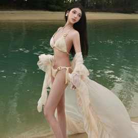 高颜值拍照超仙海边沙滩度假长裙外套披纱比基尼三点式性感小胸夏