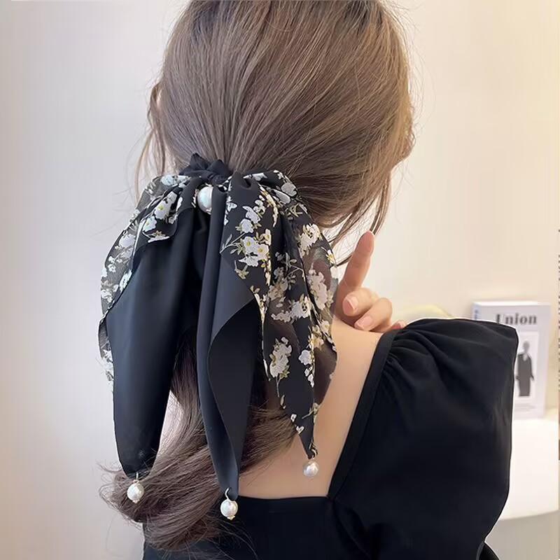 Laço de cabelo elegante com pérolas para meninas, laço de cabelo, elástico de cabelo com toque sofisticado, faixa de cabelo floral para rabo de cavalo_voghion.com