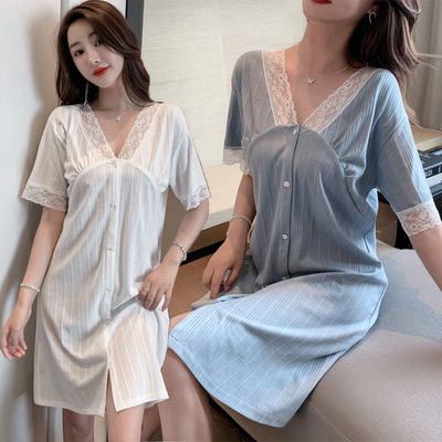 V領蕾絲睡裙女短袖夏季睡衣宮廷風坑條棉開衫性感甜美白色家居服
