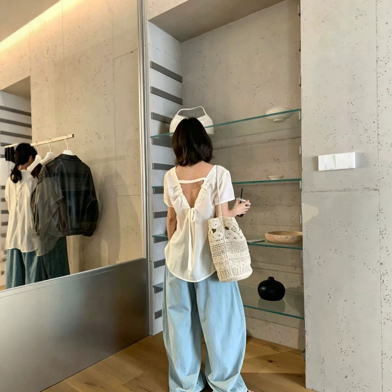 Korean Style Niche! 2026 Summer Breathable Hollow-Out Backless Lazy Style Pullover Shirt for Women Korean Style Niche! 2026 Summer Breathable Hollow-Out Backless Lazy Style Pullover Shirt for Women