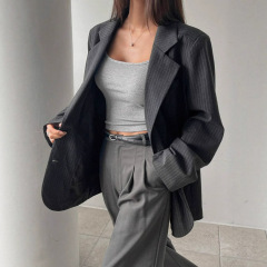 欧美跨境女装批发女式长款细条纹西装外套老钱风休闲风格秋季新款