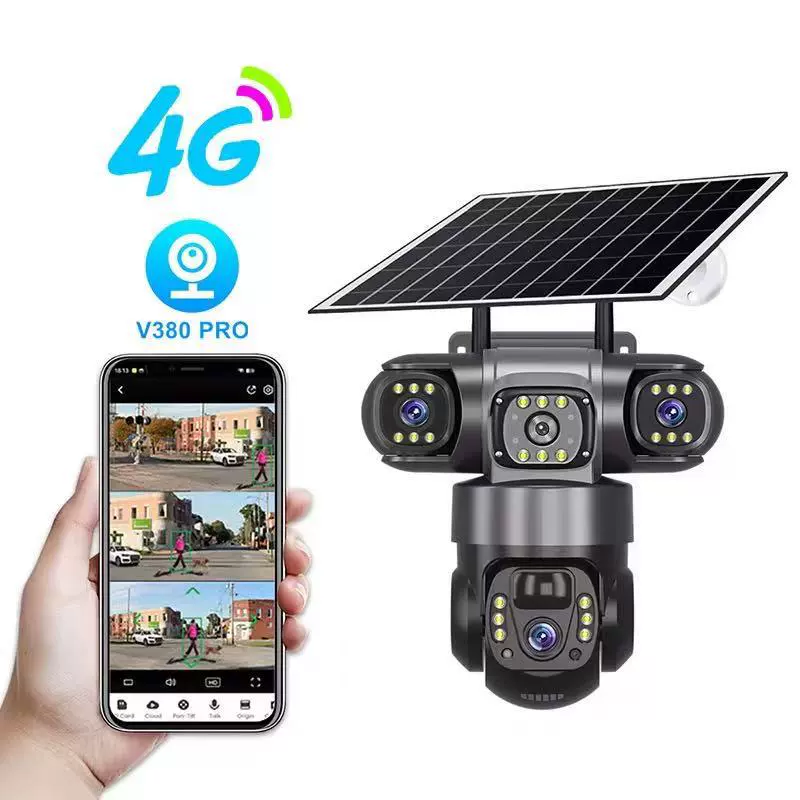 Солнечная камера V380 HD 6МП с тройной линзой, 4G, удалённое управление в реальном времени, голосовой интерком, полноцветное ночное видение