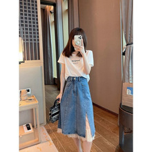 蕾丝拼接牛仔半身裙女2025夏季新款宽松百搭膝盖裙韩版中长款伞裙