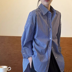 YLS 縦ストライプのショートフロントロングバックスタイル、ゆったりとしたブルーシャツ、女性用スリムフィット、オールドマネースタイルシャツ、香港風トップス