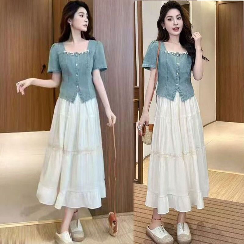 2026 New Summer Fashion Style, High-End, Slim-Fitting Denim Top, Mesh Skirt, Two-Piece Women's Suit 2026 New Summer Fashion Style, High-End, Slim-Fitting Denim Top, Mesh Skirt, Two-Piece Women's Suit