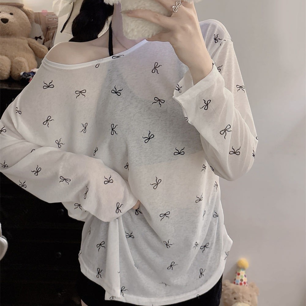 3609 # Lazy Style Loose Bow Print Thin Long-Sleeved T-Shirt Summer Sexy Sun Protection Blouse Versatile Top
