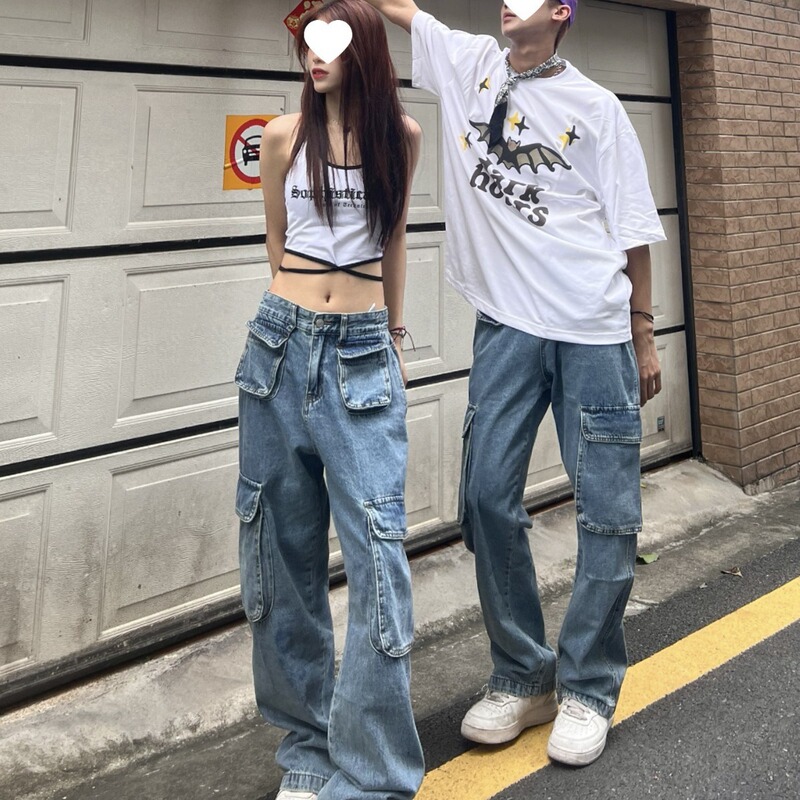 American Style Street Multi-Pocket Old Washed Light Color Jeans Women's Spice Girls Low Waist Couple Casual Pants light blue Cotton