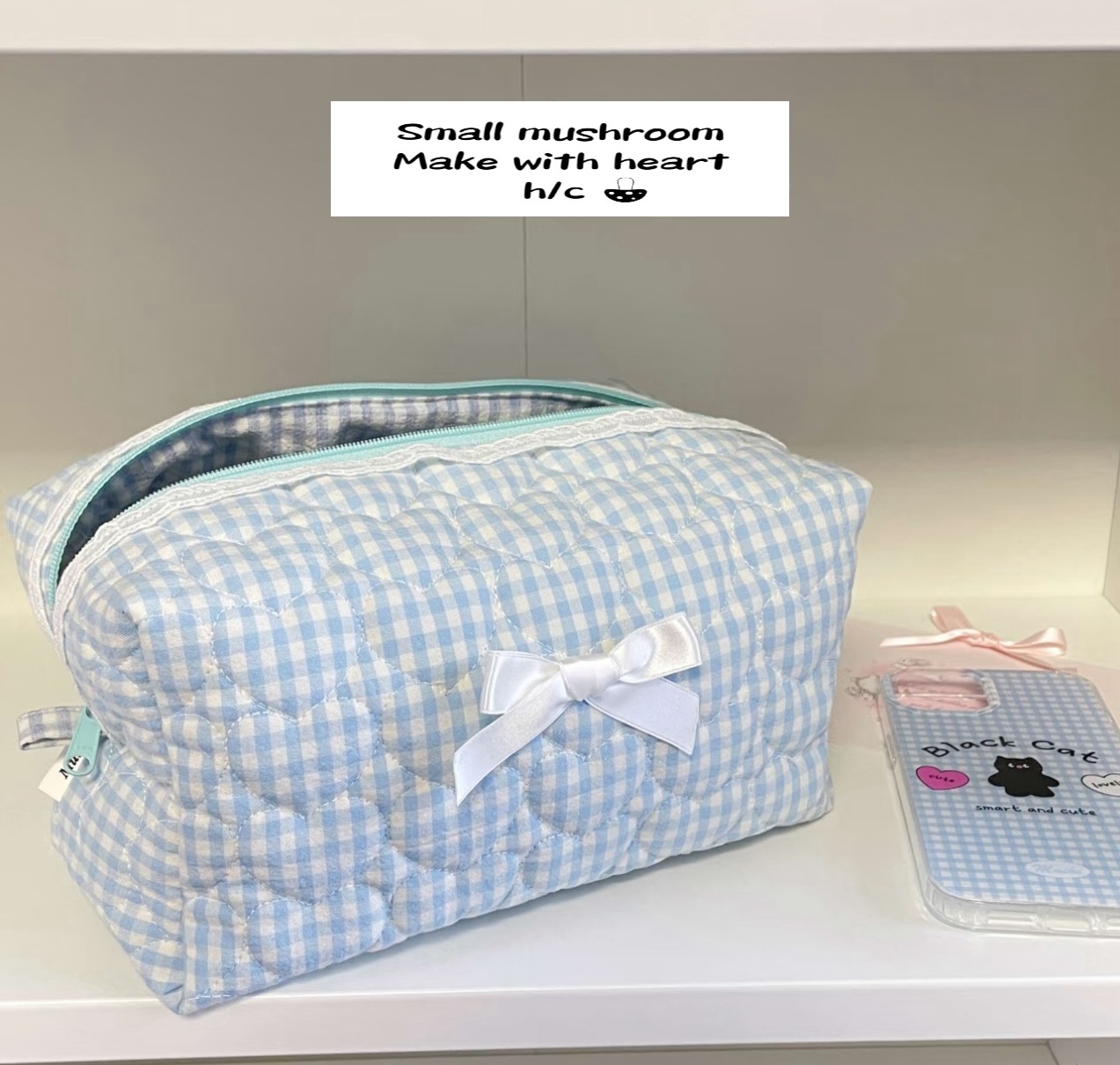 블루 체크무늬 수납가방(화장품가방)