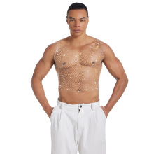 亚马逊欧美男装水钻渔网上衣电音节网钻闪钻上衣透视性感背心男女