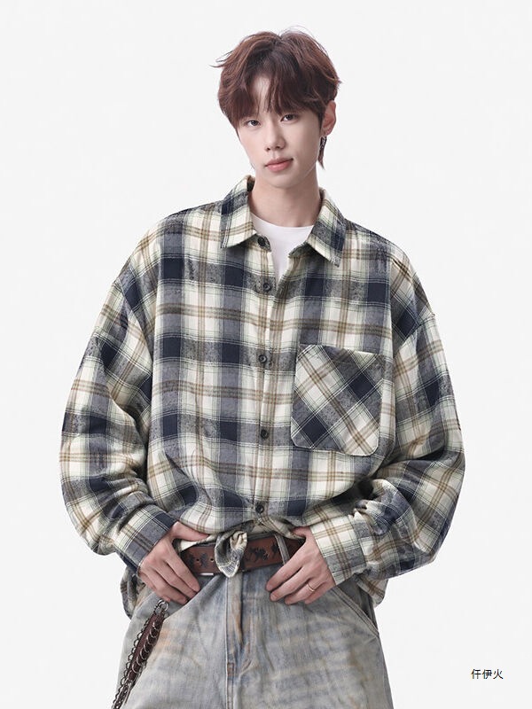 Student 2026 Autumn Casual Plaid Shirt Men's Open-Front Loose Long-Sleeve Shirt Plus Size New Brushed Fabric Student 2026 Autumn Casual Plaid Shirt Men's Open-Front Loose Long-Sleeve Shirt Plus Size New Brushed Fabric