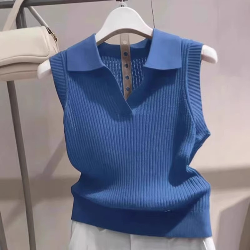Brother's Boutique Quality Summer New Korean Fashion Style Layered Lapel Sleeveless Polo Knit Shirt Vest