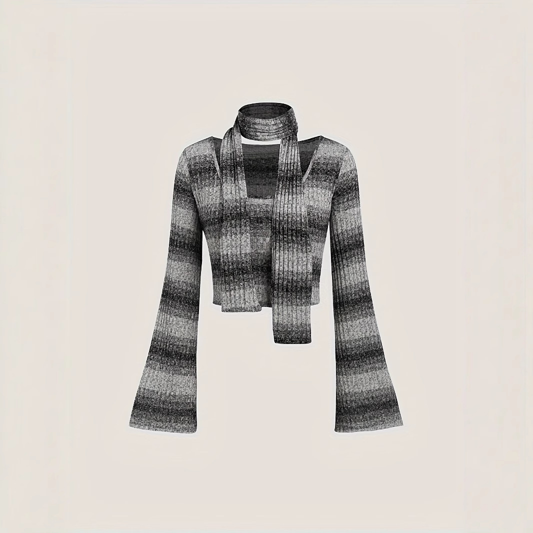 跨境新款2024秋冬时尚女士U领条纹针织喇叭袖配围巾T恤针织衫