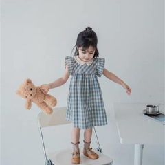 Girls' Summer Dress 2024 Fashion Trendy Baby Girl's New Lace Cotton Linen Striped Sleeveless Children's Skirt