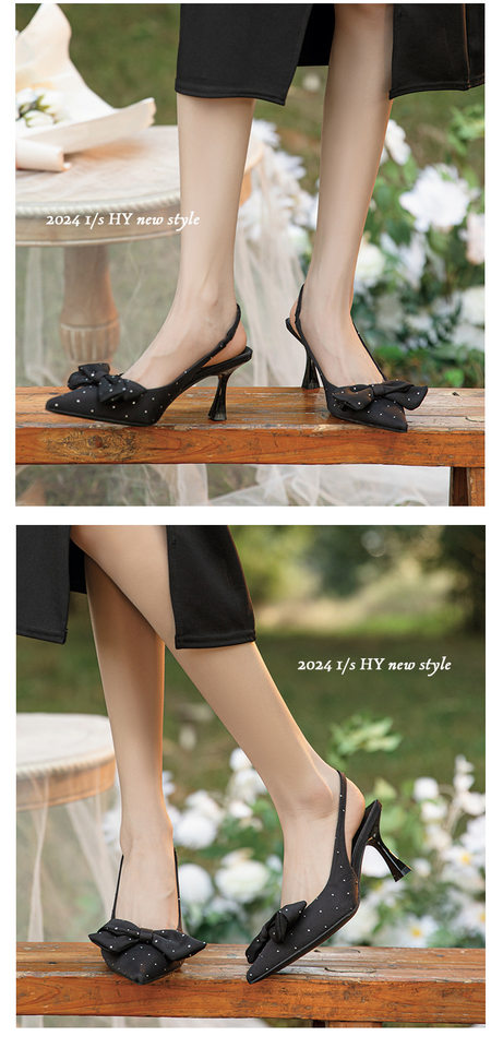 Giày sandal nữ bít mũi mũi nhọn gót mảnh đính đá nơ quai ngang, gót 6–8 cm — Màu mơ, Màu đen chi tiết 11