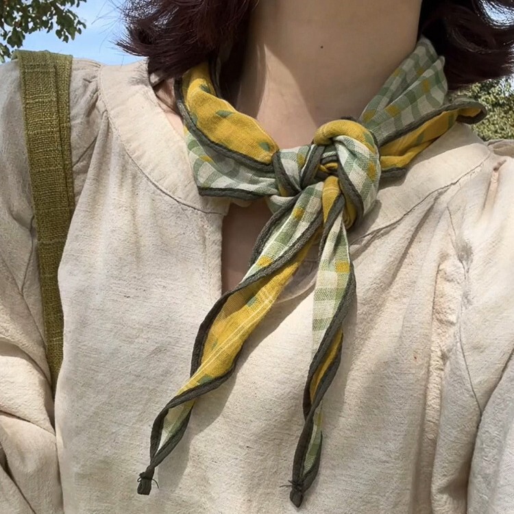 格纹丝巾女2025新款双面文艺三角巾森系棉质百搭领巾系脖配饰批发|undefined