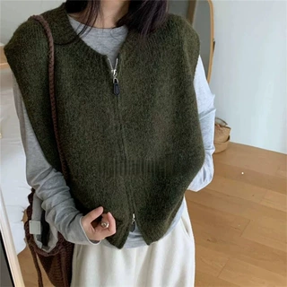 韩系复古简约双拉链针织马甲女秋冬新款洋气百搭软糯叠穿坎肩背心