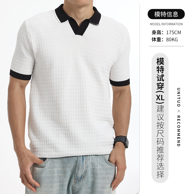 Hombres de alto nivel de seda de hielo gaviota cuello polo camiseta de manga corta hombre cuello en V contraste waffle jersey de negocios camiseta casual